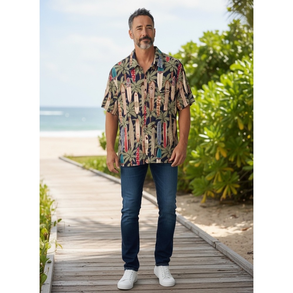Reyn Spooner Hawaiian Shirt XL Surfboard Palm Tree Rayon Aloha Camp Shirt